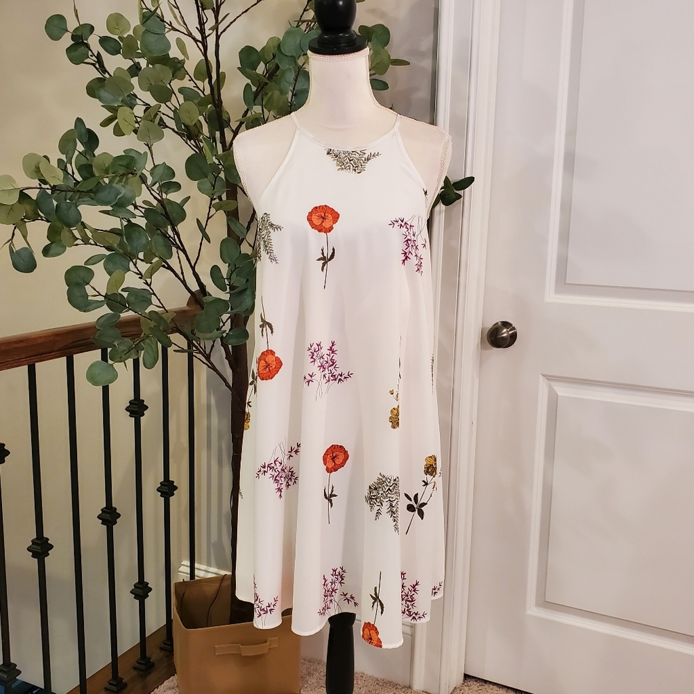 Floral Halter Neck Dress - White with Multicolor Accents